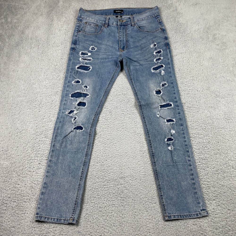 Kayden K Slim Jeans Mens 32 (Fits‎ 32x30) Blue Distressed Patched Stretch Denim